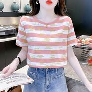 登森奧奧短袖t恤女2025夏季新款條紋印花寬松顯瘦半袖圓領(lǐng)上衣打底衫 粉白條紋 L 建議100-115斤