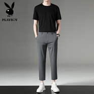 花花公子（PLAYBOY）西裝九分西褲男長(cháng)褲修身韓版休閑褲短袖POLO.衫T恤男青年男裝套裝 T001黑+BS01九分灰色 4XL