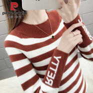 皮爾卡丹（pierre cardin）春秋新款上衣低領(lǐng)條紋毛衣新年款修身女裝內搭百搭針織打底衫女 焦糖色 M