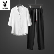 花花公子（PLAYBOY）中國風(fēng)男裝夏季復(fù)古風(fēng)冰絲T恤短袖男士套裝上衣V領(lǐng)中式漢服七分袖 TZ201白色上衣黑色褲 M 100-120斤