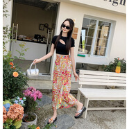 帛雷斯諾一片式半身裙裹裙波西米亞民族風(fēng)包臀裙女夏一步裙開衩沙灘裙度假 紅黃色 均碼