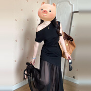 天啟世紀2025法式氣質(zhì)黑色斜肩短袖連衣裙子女夏季高級感收腰A字裙中長(cháng)裙 【黑色】【五一出游初夏穿搭/超 S 40/45kg