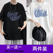 威覺(jué)（WEIJUE）【買(mǎi)一送一 包郵】短袖t恤男士夏季潮牌寬松半袖字母印花上衣服 T185黑色+T183白色 XL