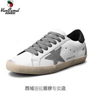 西域駱駝臟臟鞋男女板鞋星星做舊復古真皮透氣防水情侶小白鞋內增高黑尾 白色（做舊款）-駱駝官方品牌官 36 (女款)