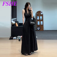 FSHE法式氣質(zhì)收腰掛脖吊帶連衣裙子長(cháng)裙女春夏季2025新款海邊旅游度假 【黑色】【法式連衣裙/吊帶連衣 M 45/55kg