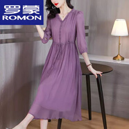 羅蒙（ROMON）輕奢重磅真絲連衣裙女夏季2023新款清新氣質(zhì)中年老媽桑蠶絲中長(zhǎng)裙 紫色 2XL 建議 125-135斤