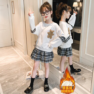 Baldauren女童春秋裝套裝jk裙3-14歲女孩加絨加厚新款中大童衛衣百褶裙韓版 白色冬款加絨衛衣裙子套裝 秋冬款加絨 130 建議身高120左右 （40-50斤）