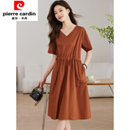 皮爾卡丹（pierre cardin）法式時(shí)尚V領(lǐng)連衣裙女裝夏季新款寬松大碼中長(cháng)款抽繩收腰氣質(zhì)A字裙 橘色 L 【建議115-130斤】