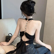 心楠黑色掛脖吊帶背心女夏季設(shè)計(jì)感露背綁帶修身無(wú)袖外穿上衣 黑色掛脖露背吊帶【S】80-95斤