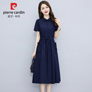 皮爾卡丹（pierre cardin）夏季短袖連衣裙女裝2024新款韓版高腰寬松時(shí)尚中長(zhǎng)款氣質(zhì)襯衫裙子 丈青色 2XL （125-135斤）