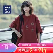 SEANBYSEAN日系復古字母印花落肩T恤圓領(lǐng)寬松休閑百搭五分短袖 【SEANBYSEAN】酒紅色 L  【關(guān)注店鋪優(yōu)先發(fā)貨】