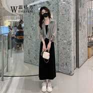 溫格芳 連衣裙女2025夏季新款高級感穿搭減齡時尚套裝氣質(zhì)休閑吊帶裙子 灰色襯衫+黑色連衣裙 M