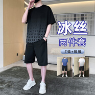 頂峰保羅短袖休閑套裝男夏季百搭時(shí)尚寬松透氣冰感上衣短褲GD03黑色2XL