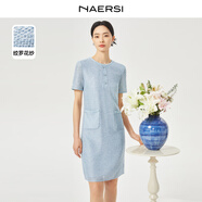 娜爾思（NAERSI）【絞羅花紗】時(shí)尚氣質(zhì)香風(fēng)圓領(lǐng)淡人連衣裙25夏 淡群青藍色 XL