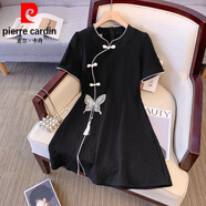 皮爾卡丹（pierre cardin）大l碼時尚國風盤扣刺繡流蘇旗袍裙胖女夏季新款高腰顯瘦連衣裙子 黑色【感超好看/質(zhì)感感/超火/新 M (建議100斤以內(nèi))