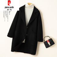 皮爾卡丹（pierre cardin）雙面羊絨大衣女西裝領(lǐng)中長款韓版繭型寬松小個子呢子外套 黑色 M 116-130斤