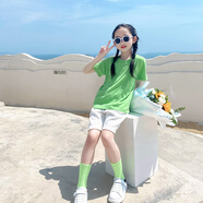 深妍色糖果色純棉短袖t恤兒童幼兒園小學(xué)運動(dòng)會(huì )畢業(yè)季演出表演服T恤套裝 檸檬綠 套裝（T恤+中褲+鏡襪） 140 【T恤140碼+中褲150碼】