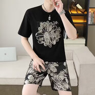 暢登夏裝休閑運(yùn)動(dòng)套裝男士夏季薄款冰絲搭配一套男裝短褲短袖t恤衣服 黑色X60 套裝 XL 碼(118-135斤)