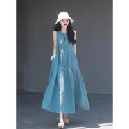 羅蒙（ROMON）品牌高檔女裝棉麻A字無(wú)袖背心連衣裙女夏季寬松顯瘦長(cháng)裙 藍色 M 【建議90-110斤】