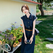 皮爾卡丹（pierre cardin）蕾絲拼接牛仔連衣裙女夏美式港風(fēng)收腰氣質(zhì)高級感顯瘦別致獨(dú)特設(shè)計(jì) 牛仔藍(lán)（優(yōu)質(zhì)版）配腰帶 XL （130-145斤）