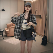 純邇連衣裙套裝女通勤寬松職業(yè)襯衫+臘腸小狗V領(lǐng)吊帶背心高腰牛仔短褲 格子襯衣 L