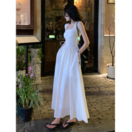 夢琪嵐赫本風(fēng)法式方領(lǐng)藍(lán)色短袖連衣裙女夏季小個子高級感收腰顯瘦長裙子 白色 XL 120-135斤