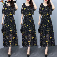 啄木鳥(niǎo)（TUCANO）雪紡連衣裙胖美美碎花裙2026夏季新款遮肚子顯瘦露肩長(cháng)裙 星星長(cháng)款 L  建議105-120斤