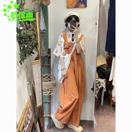 慕瑤雨日系復(fù)古學(xué)院風(fēng)背帶褲女學(xué)生韓版寬松春夏2025新款連體休閑闊腿褲 橘色 M 建議90-105斤