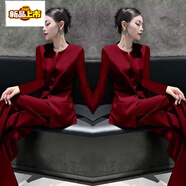 初徑高端休閑洋氣2025春季新款職業(yè)氣質(zhì)西裝闊腿褲外套兩件套女 紅色【套裝】 4XL (150-165斤)