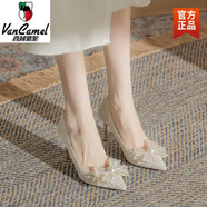 西域駱駝香檳色法式蝴蝶結(jié)珍珠高跟鞋女婚鞋小眾仙女風(fēng)不累腳尖頭細(xì)跟單鞋 金色(金粉蕾絲)-駱駝官方品 5cm 34