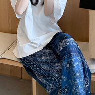 林中尋250斤胖MM大碼闊腿褲藍(lán)圖騰印花花褲子女直筒休閑民族風(fēng)遮肉 圖騰 常規(guī) 薄款 M 建議75-95斤