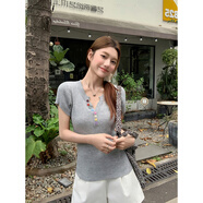榮西圖（RONGXITU）彩色V領(lǐng)針織衫短袖T恤女修身款內(nèi)搭上衣2025夏季 灰色 S