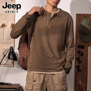 JEEP SPIRIT正品吉普高端t恤男美式復古水洗做舊純棉亨利領(lǐng)純色打底衫上衣男 829咖啡t恤 2XL 碼 參考173~195斤