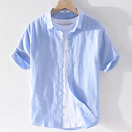 凡客誠品（VANCL）男士亞麻翻領(lǐng)短袖t恤寬松襯衫領(lǐng)上衣服有帶領(lǐng)T棉麻料體恤麻布夏裝 yunyi-301天藍(lán)色 3XL