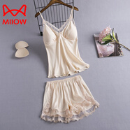 貓人（MiiOW）性感吊帶睡衣女兩件套裝帶胸墊夏季冰絲綢甜美蕾絲花邊家居服短褲 香檳色 M
