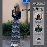 FHHUABD法式感黑色翻領(lǐng)皮衣外套女秋季修身?xiàng)l紋針織吊帶連衣裙兩件套 黑皮外套+吊帶長(zhǎng)裙【兩件套】 M