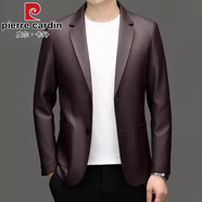 皮爾卡丹（pierre cardin）新款真皮皮衣男士西裝外套頭層鹿皮中年皮夾克薄款西服 557款西裝皮衣酒紅色 保證正品 M 170碼建議105-120斤
