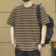 依郎酷夏季薄款短袖t恤男2025新款港風條紋百搭寬松大碼重磅半袖體恤潮 咖啡色 【重磅260g】 M 【適合100-130斤】