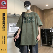 楠笙記潮牌麂皮絨短袖男夏季重磅印花字母高街ins半袖休閑寬松圓領(lǐng)t學(xué)生 綠色 2XL