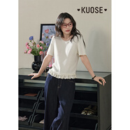 闊色（kuose）黃色荷葉邊短袖針織衫上衣女2025春夏季新款小個(gè)子修身T恤 白色 M