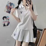 Baldauren12大童女裝夏新款套裝裙15歲初高中學(xué)生17少女休閑運(yùn)動(dòng)短袖jk短裙 花灰色（POLO衫+褲裙）【套裝】 薄款 150 (S)建議體重70-85斤