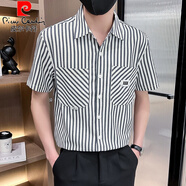 皮爾卡丹夏季薄款條紋短袖襯衫男感百搭半袖寸衣寬松時(shí)尚潮牌工裝襯衣 灰色9019【短袖】條紋襯衫 M