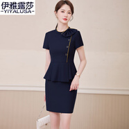 伊雅露莎高端小西裝女套裝短袖夏季新款職業(yè)西服酒店珠寶店美容工作服3073 藍(lán)色西裝+裙 L 100-110斤