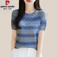 皮爾卡丹（pierre cardin）桑蠶絲短袖T恤女夏季圓領(lǐng)彩虹條紋針織衫鏤空套頭寬松薄款上衣服 藍(lán)色 XL 建議120-130斤