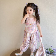 女童蝴蝶結套裝夏季2025新款洋氣女孩兒童衣服短袖t恤三件套3-6歲 紫羅蘭 120