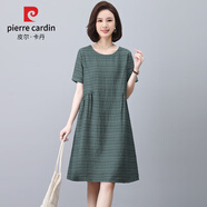 皮爾卡丹（pierre cardin）夏季短袖棉麻連衣裙女裝2024年新款韓版高腰寬松中長(zhǎng)款氣質(zhì)裙子潮 綠色 2XL （130-140斤）