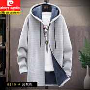 皮爾卡丹（pierre cardin）秋冬款青少年上衣中長款加絨外套男士針織毛衣開衫加厚連帽風(fēng)衣男 88192S淺灰 M 建議100~125斤可穿