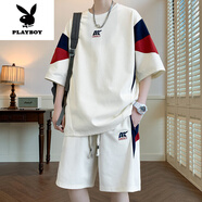 花花公子（PLAYBOY）高端短袖t恤男2025夏季新款寬松半袖體恤初高中學(xué)生潮流百搭套裝 711米黃色 L 【105-120斤】