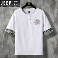 JEEP SPIRIT短袖男夏季亞麻恤男士棉麻上衣中國風(fēng)男裝唐裝半袖刺繡漢服體恤 白色 M