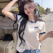 以純 YISHION純棉色領(lǐng)短袖T恤女2025夏季新款洋氣減齡打底衫撞色顯瘦內(nèi)搭上衣 AAA182藍領(lǐng) L (105-115斤)